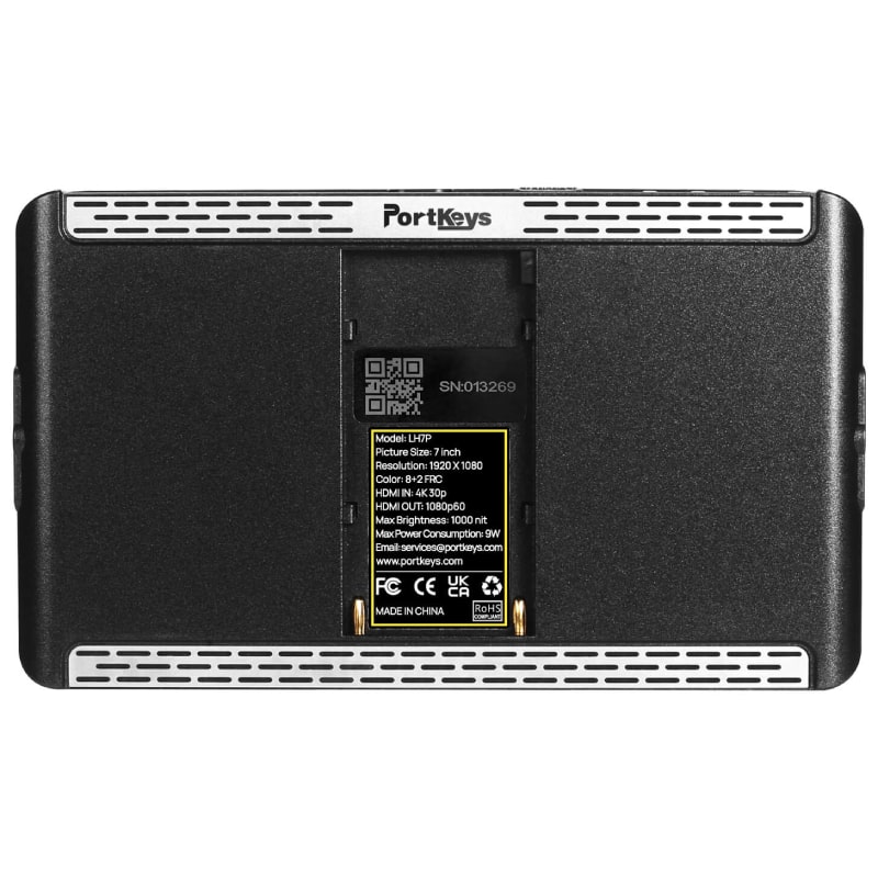 the back of the Portkeys LH7P contains a built in Sony NP-F-style battery plate that can power the device for hours thanks to a low power draw of only 9W