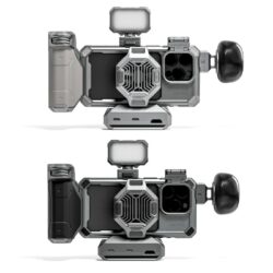 The Khronos iPhone 15 Pro Max Ultimate Kit offers a blend of elegance and functionality, adding a cage, cooling system, handle, and LED to your phone.