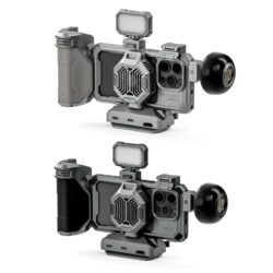 The Khronos iPhone 15 Pro Max Ultimate Kit offers a blend of elegance and functionality, adding a cage, cooling system, handle, and LED to your phone.