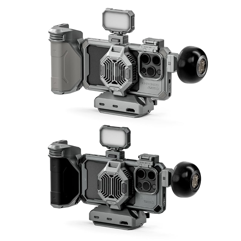 The Khronos iPhone 15 Pro Ultimate Kit offers a blend of elegance and functionality, adding a cage, cooling system, handle, and LED to your phone.